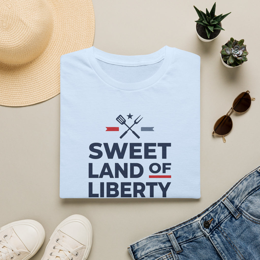 Light blue BBQ T-shirt with 'Sweet Land of Liberty' graphic and grill-cross icon