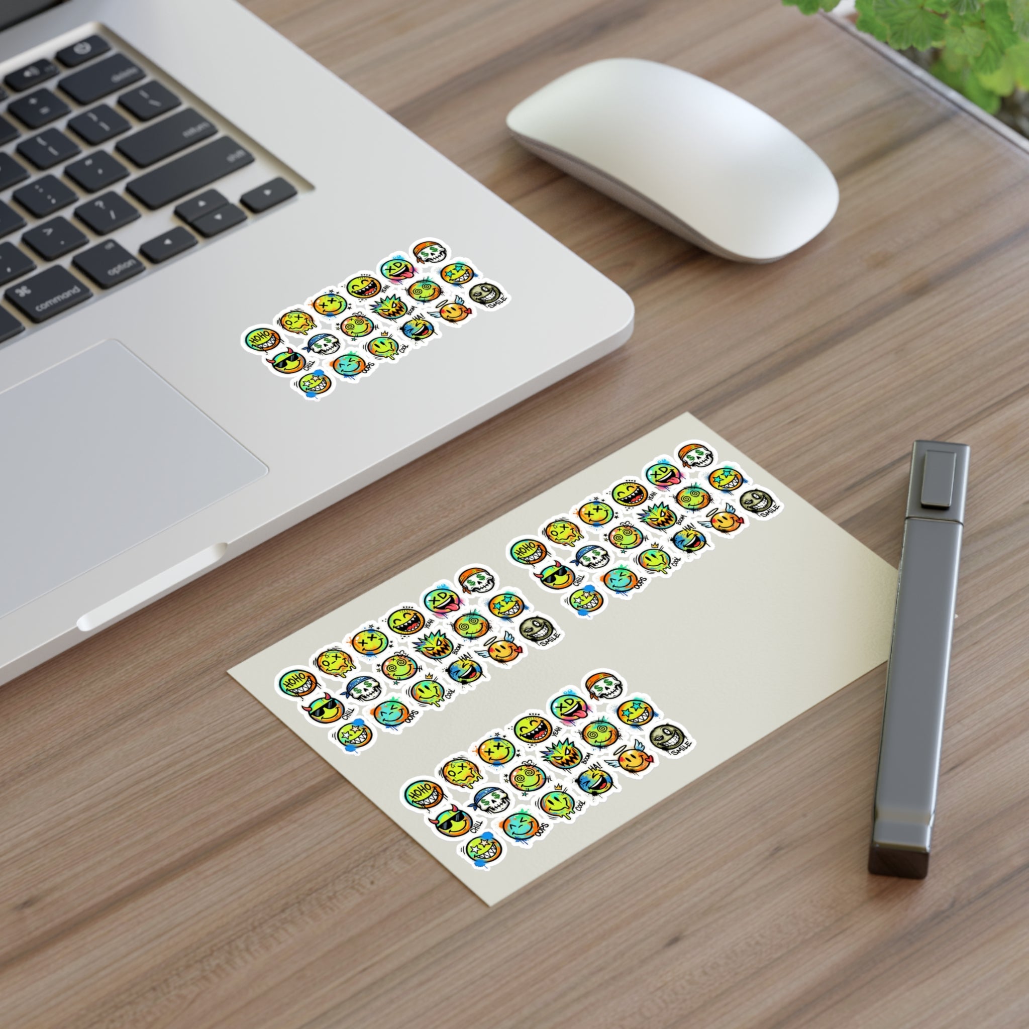 Emoji-Gesichtssticker auf Papier neben Laptop, viele Die-Cut Motive