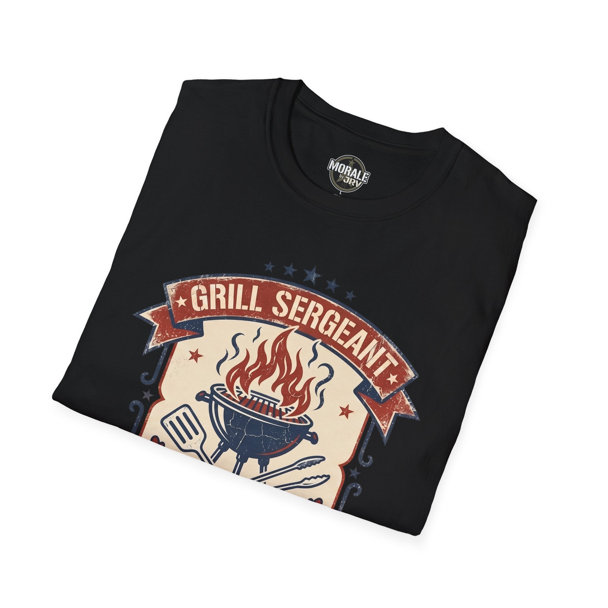 Black T-shirt with 'GRILL SERGEANT' vintage badge and star details