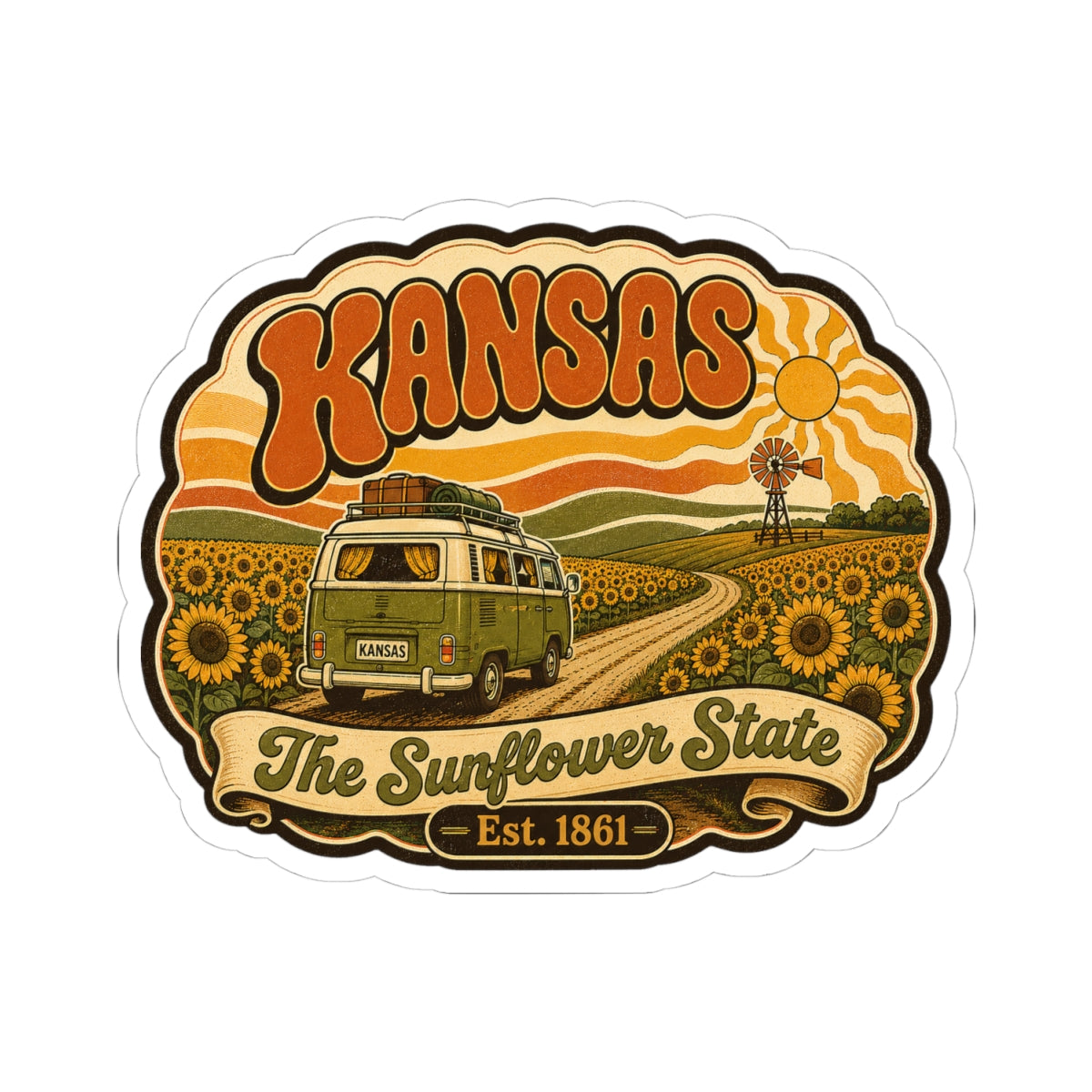 Kansas sunflower state sticker featuring a green van, sunflowers, and Est. 1861.