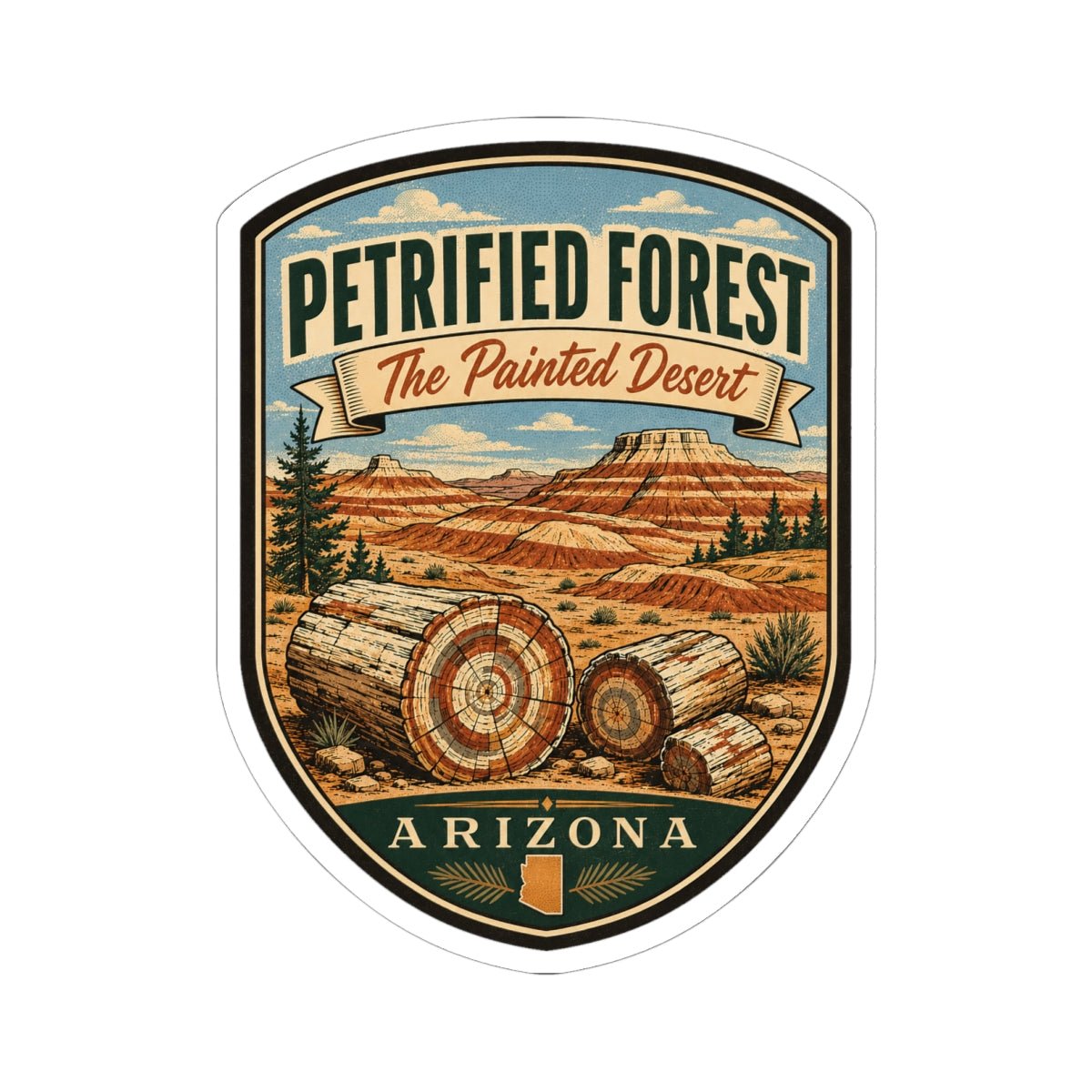 Petrified Forest travel sticker, shield design with Painted Desert banner and Arizona text