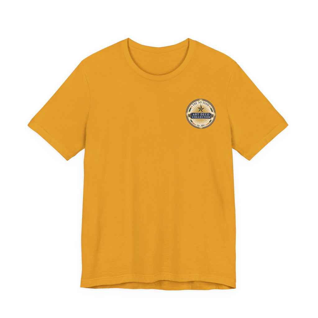 Mustard crew-neck T-shirt with round badge graphic on left chest