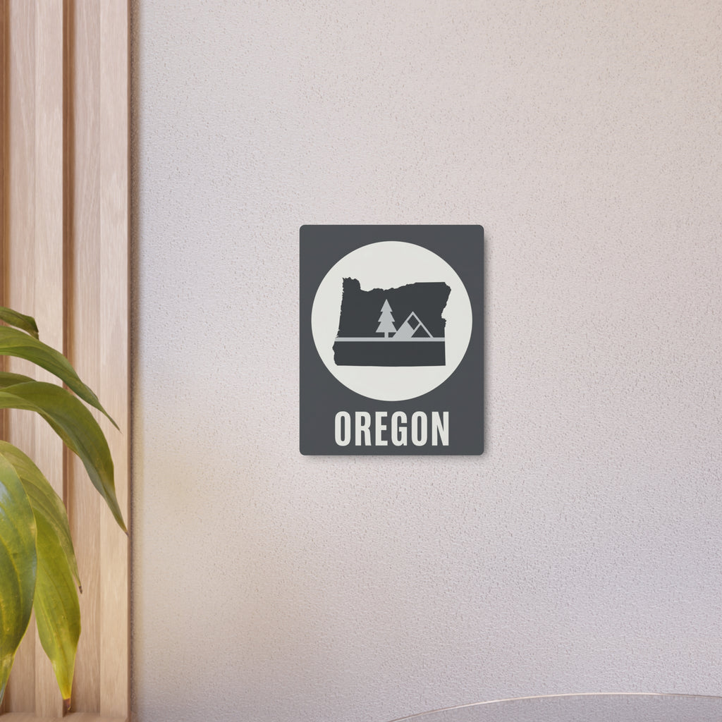 Small rustic Oregon metal wall sign, dark gray square with white circle and OREGON lettering