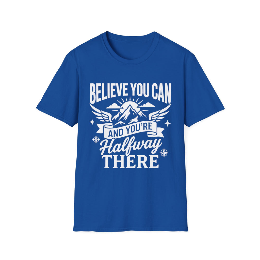 Royal Blue t-shirt with “Believe You Can” mountain hiking quote graphic on front