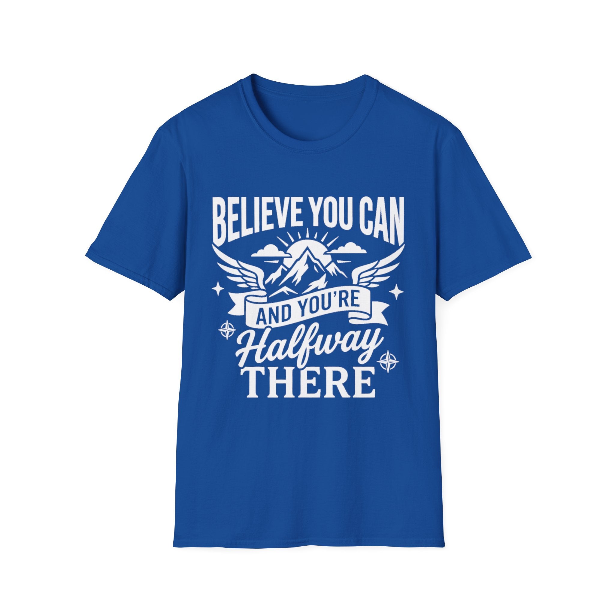Royal blue T-shirt with “Believe You Can” mountain-and-wings typography print
