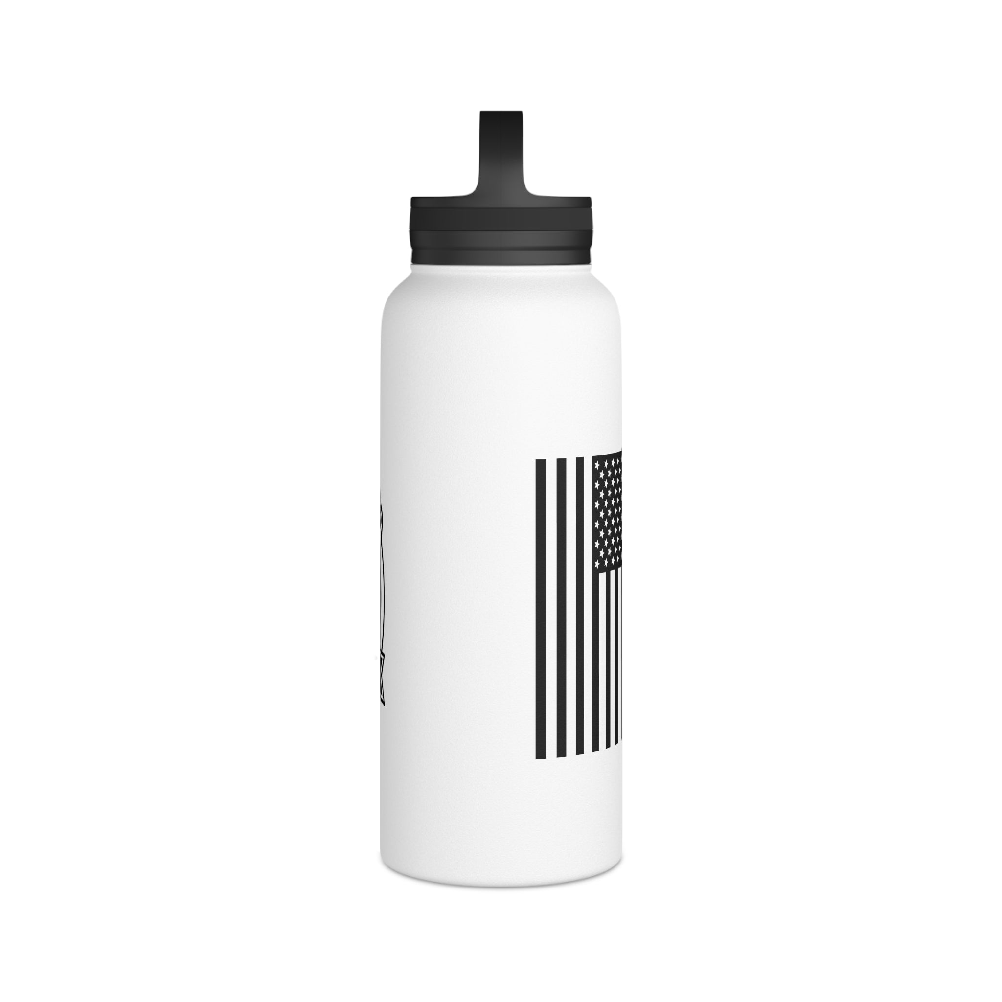 White stainless steel water bottle with black lid and vertical barcode graphic