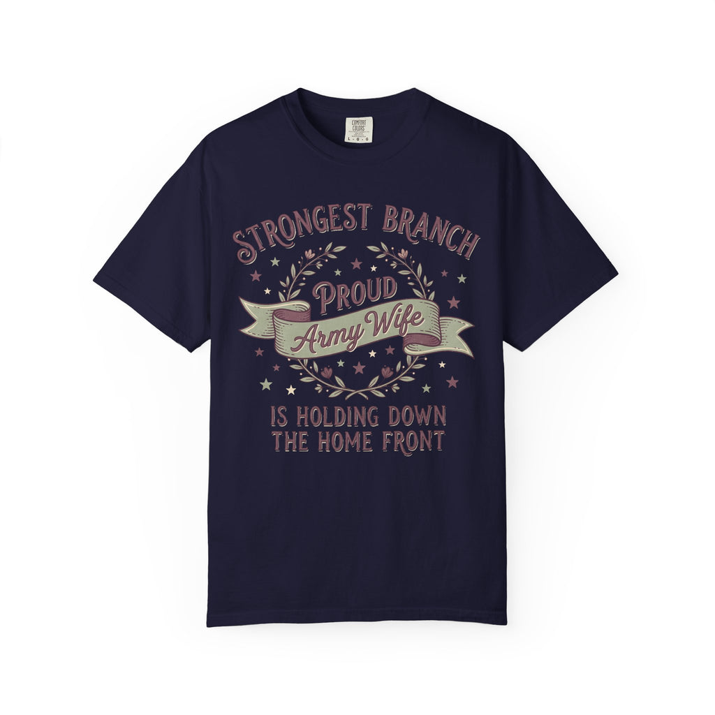 Army wife slogan T-shirt in navy with Strongest Branch graphic