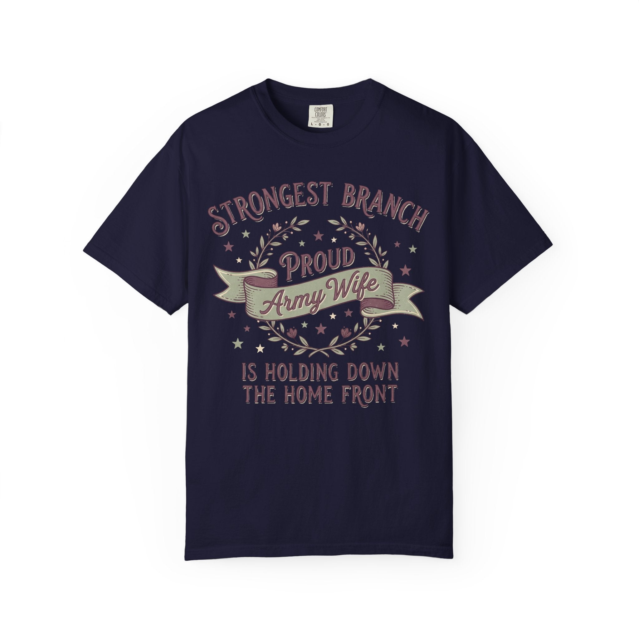 Army wife slogan T-shirt in navy with Strongest Branch graphic