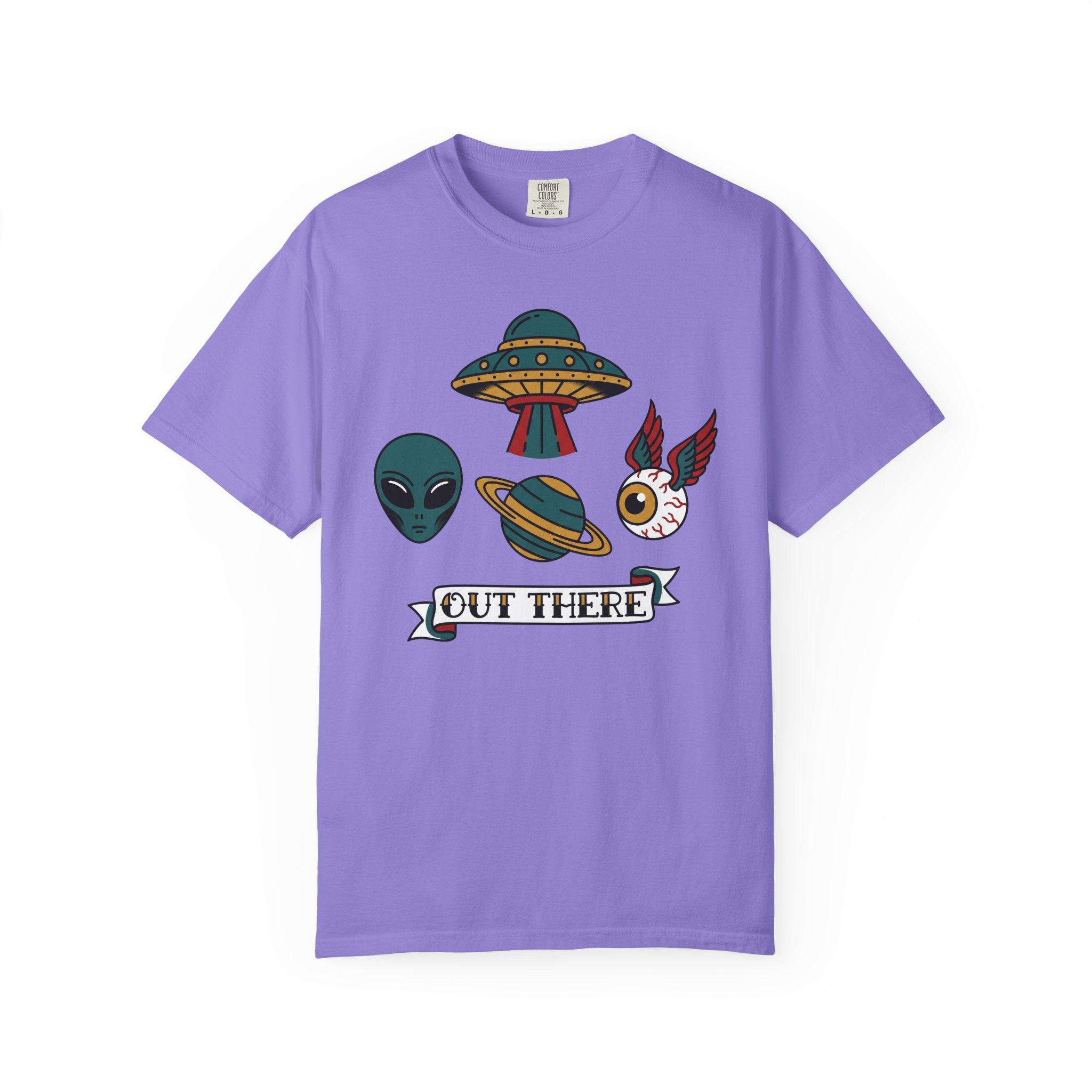 Purple crewneck T-shirt with alien, UFO, and 'Out There' graphic