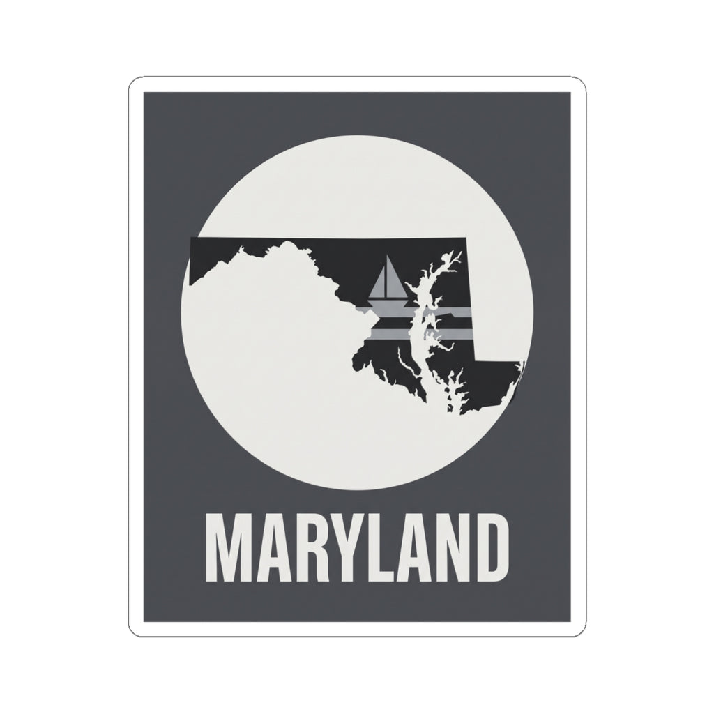 Square kiss-cut Maryland sticker with white state silhouette, sailboat detail, and “MARYLAND”