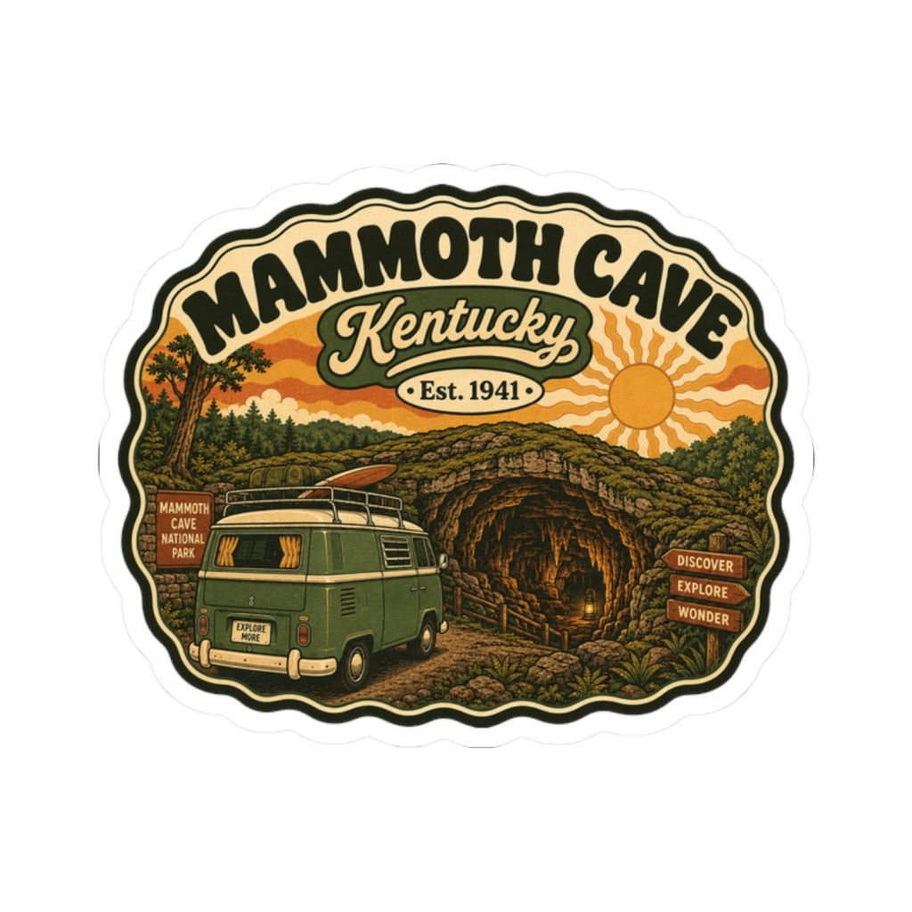 Die-cut Mammoth Cave Kentucky kiss-cut sticker with vintage camper van inside a cave