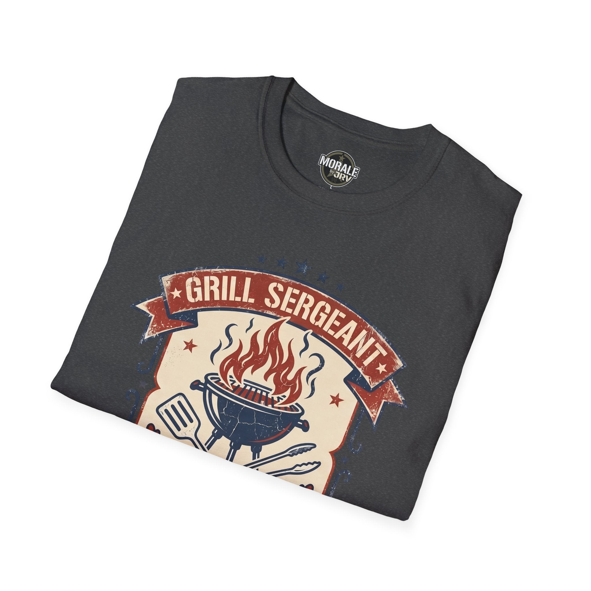 Dark heather T-shirt with “GRILL SERGEANT” BBQ badge and grill flame graphic