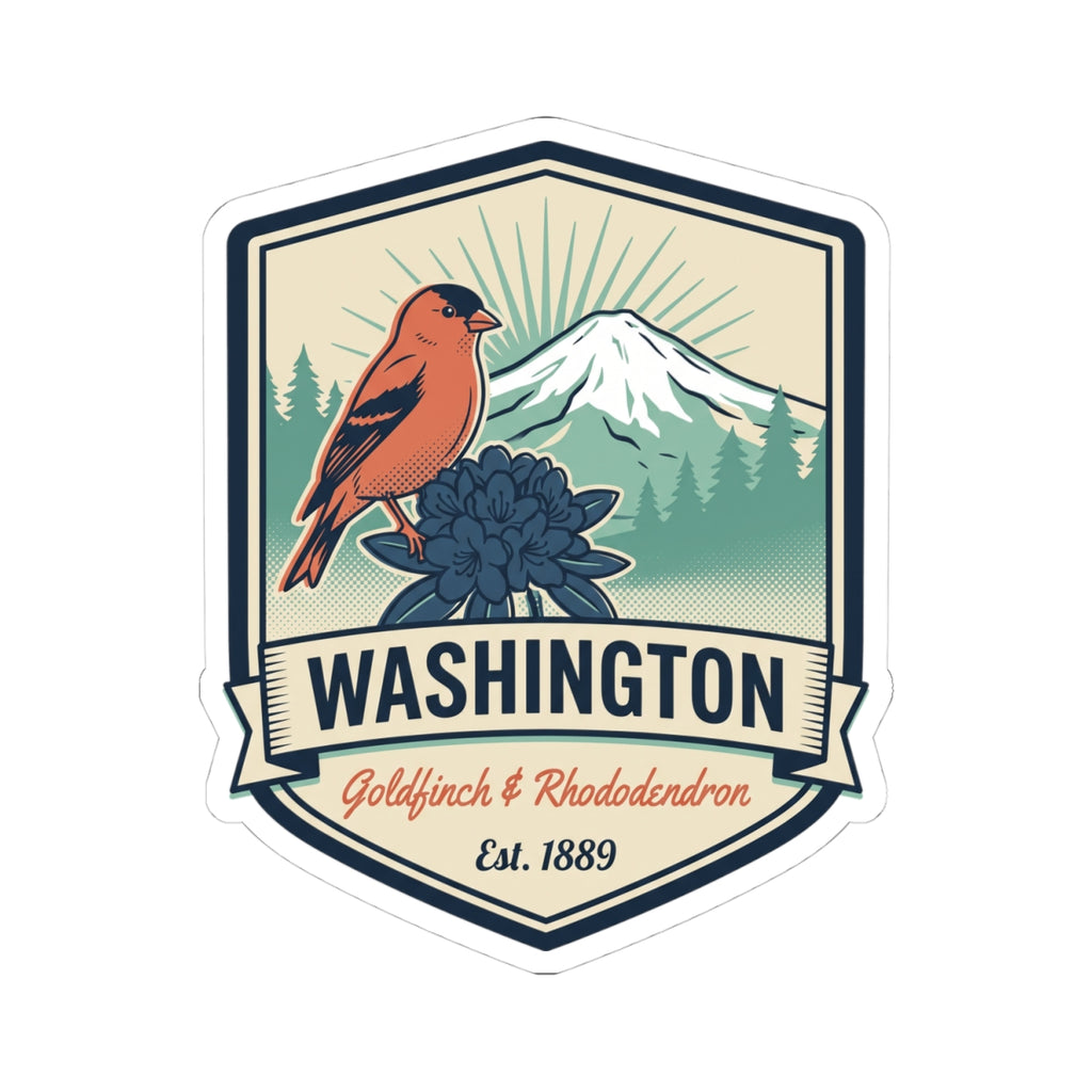 Washington badge sticker featuring orange bird, rhododendron flower, and Est. 1889 ribbon
