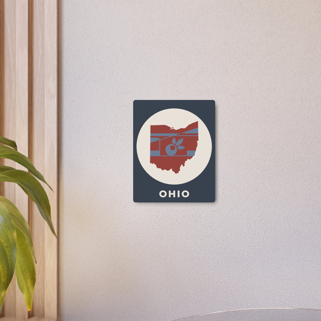 Ohio metal art sign: buckeye apple graphic inside white circle, 'OHIO' on blue