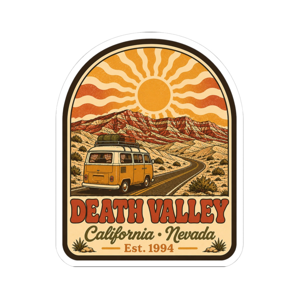Arch-shaped kiss-cut sticker with yellow camper van, sun rays, and Death Valley text