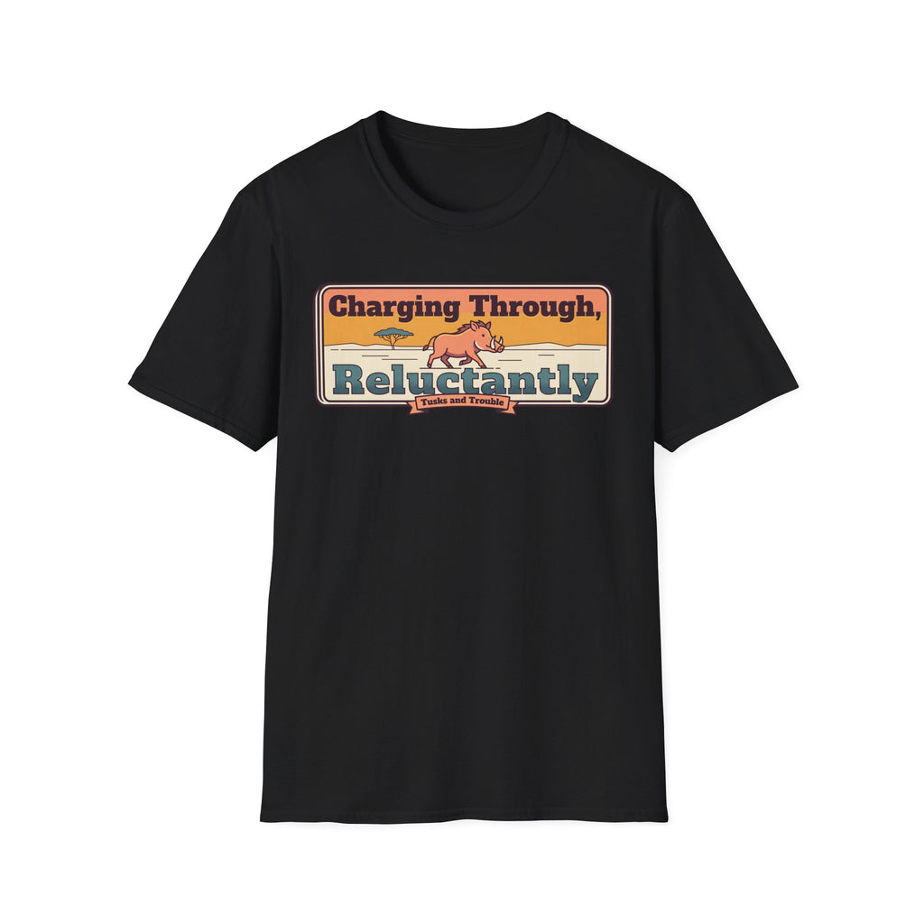 Black crewneck T-shirt with front retro banner rhino graphic