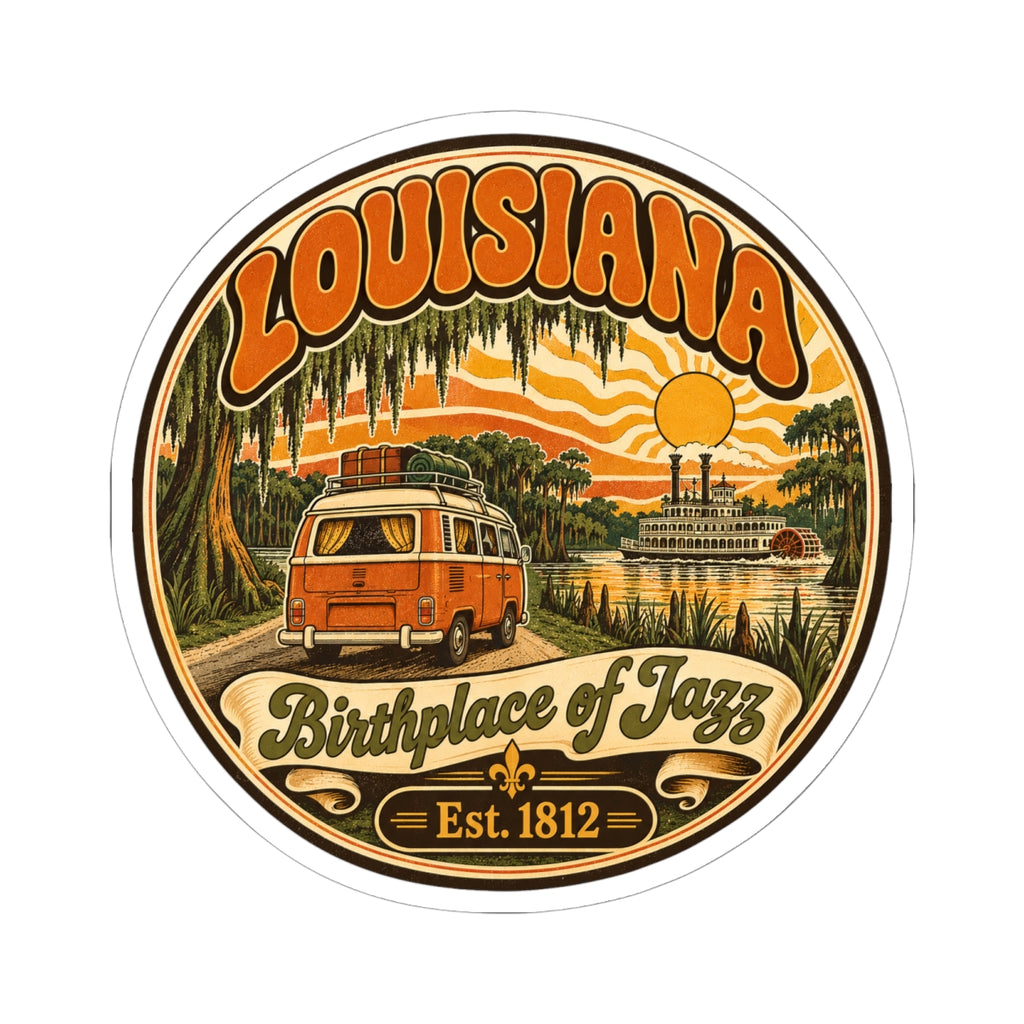 Round Louisiana Birthplace of Jazz sticker, retro orange van and bayou scene, Est. 1812