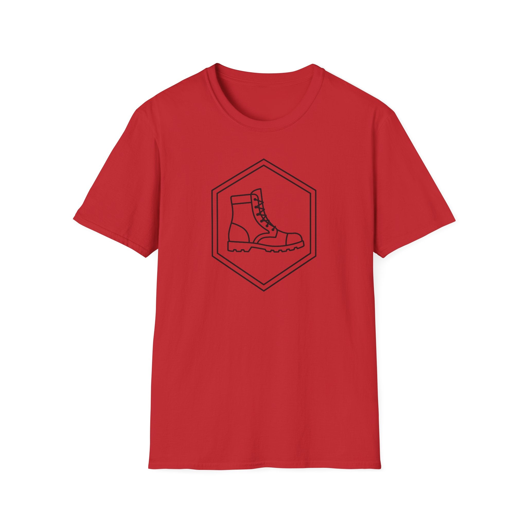 Red T-shirt with a diamond emblem and boot illustration on the front.
