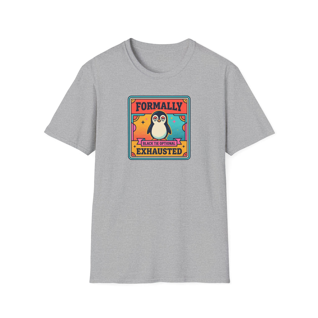 Funny Penguin T-Shirt | Formally Exhausted Black Tie Optional Retro Graphic Tee | Penguin Gift