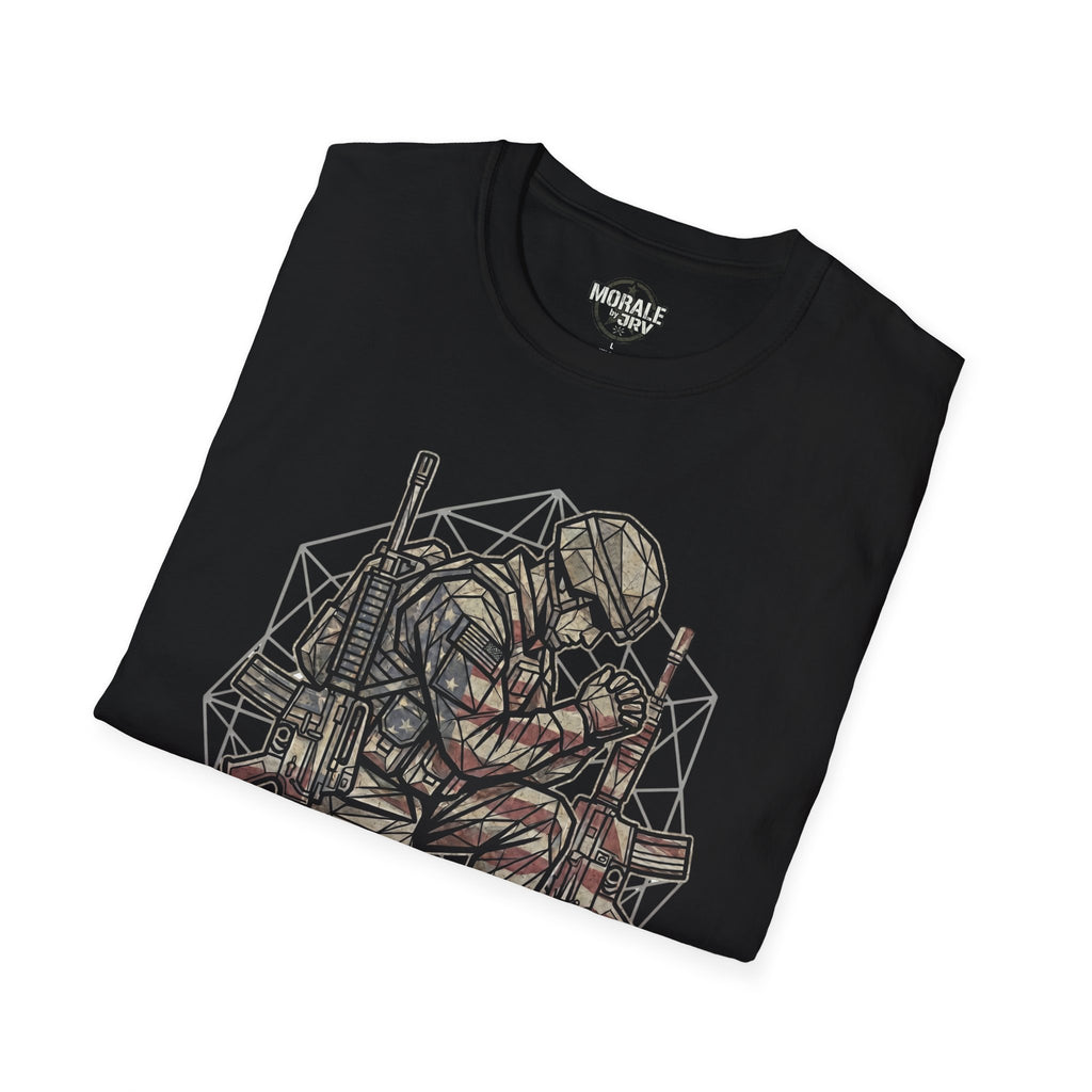 Praying soldier graphic close-up on black T-shirt, geometric style