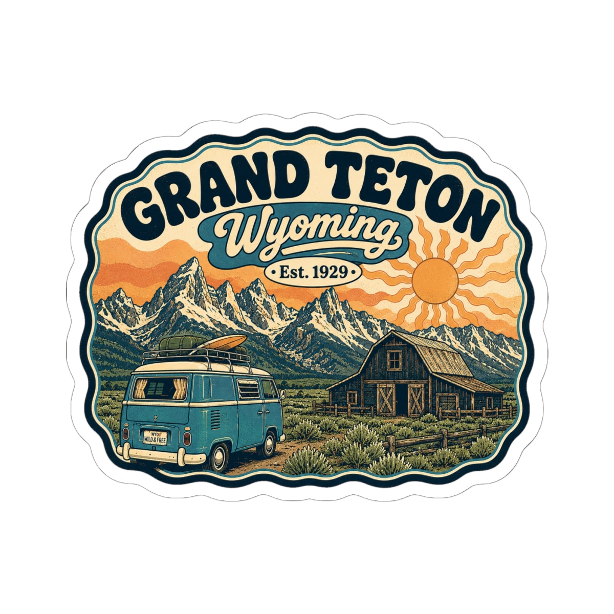 Sticker depicting Grand Teton Wyoming with teal camper van, desert shrubs, barn, and orange sky