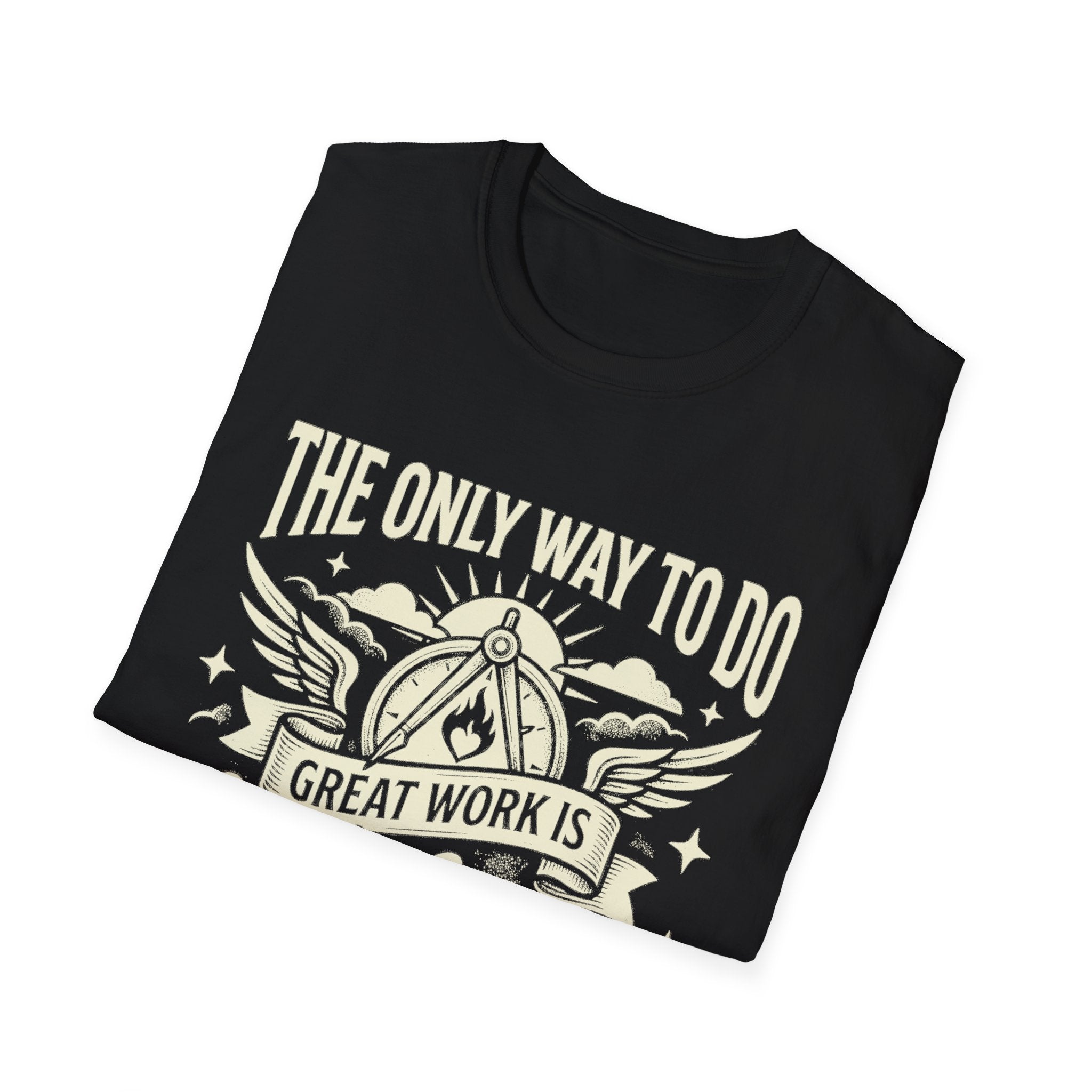 Black T-shirt graphic close-up: “The only way to do…” with winged emblem