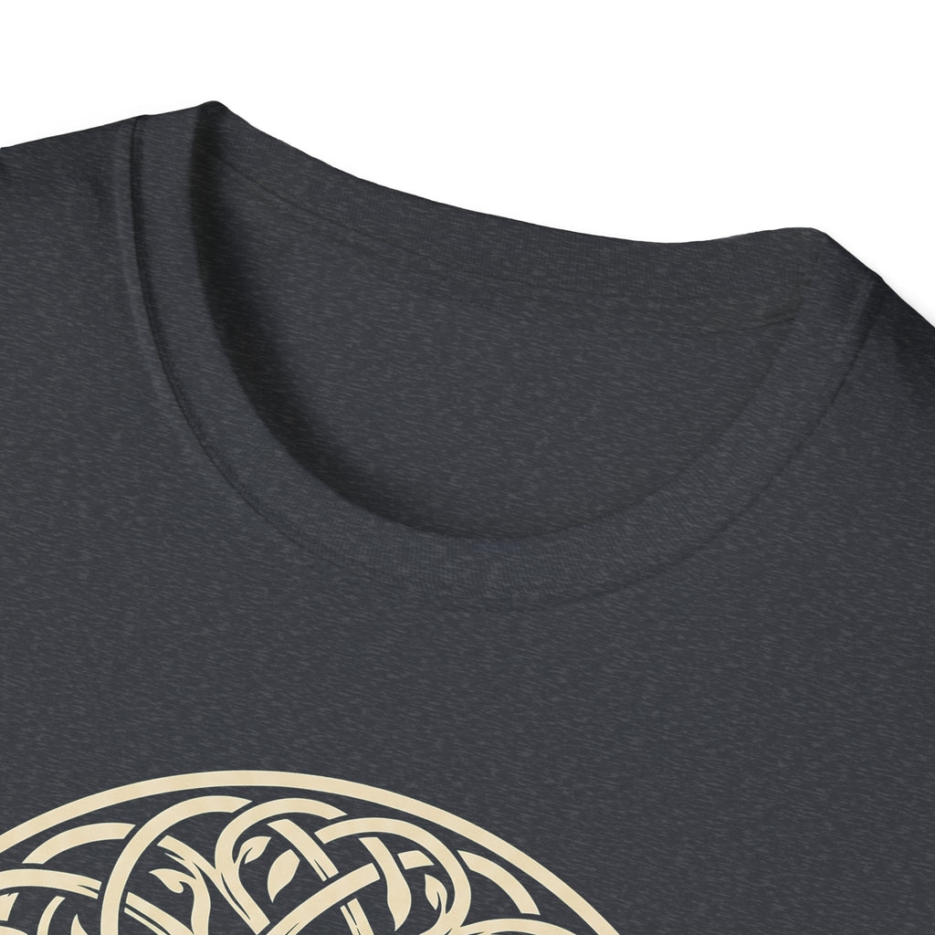 Celtic Tree of Life T-shirt neckline in dark heather grey with partial gold circle