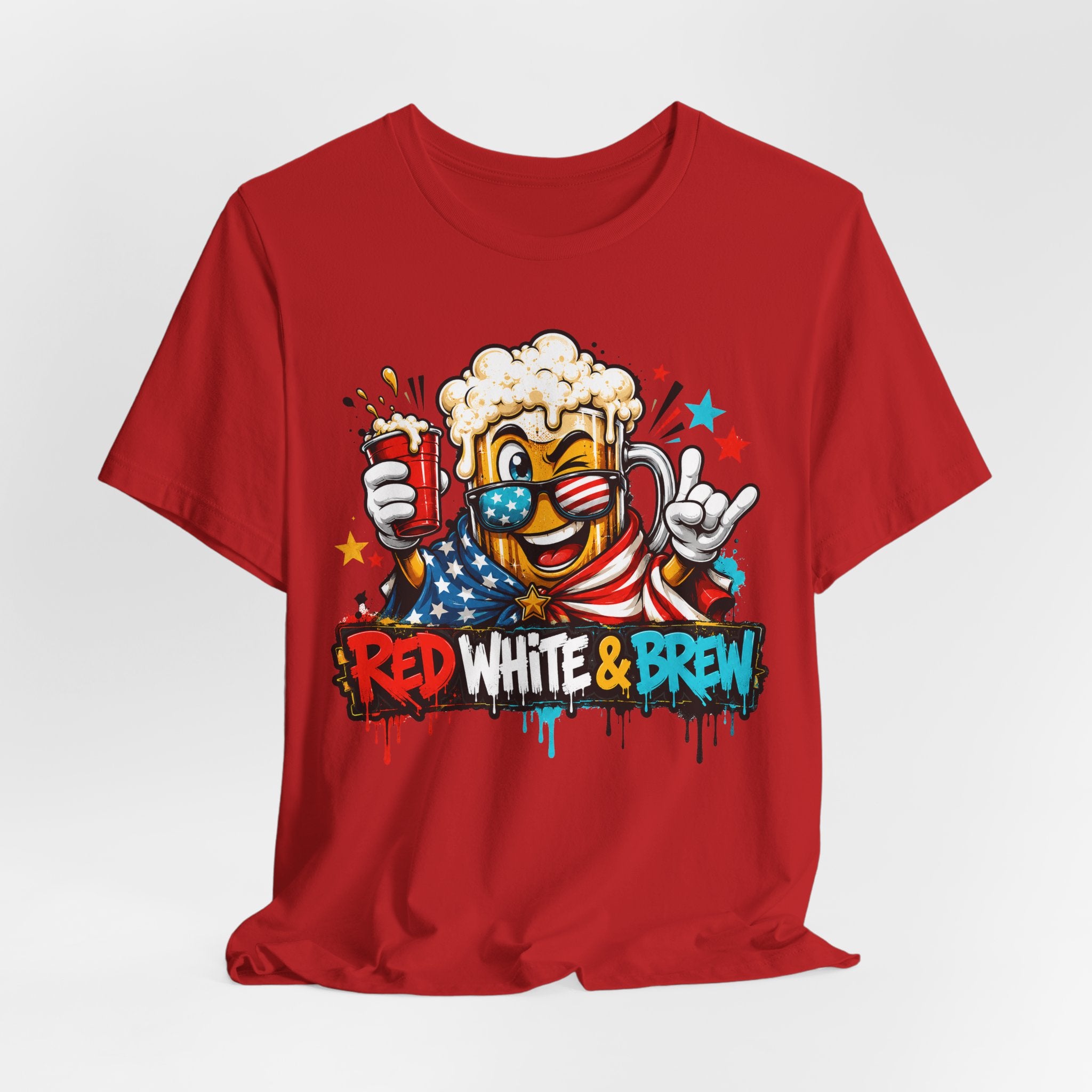 Red White & Brew 4th of July T-Shirt | Patriotic Beer Mascot American Flag Graphic Tee