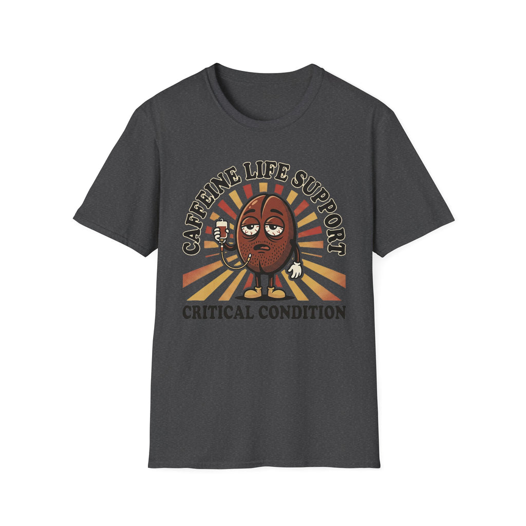 Dark heather T-shirt with cartoon coffee bean and “CRITICAL CONDITION” lettering