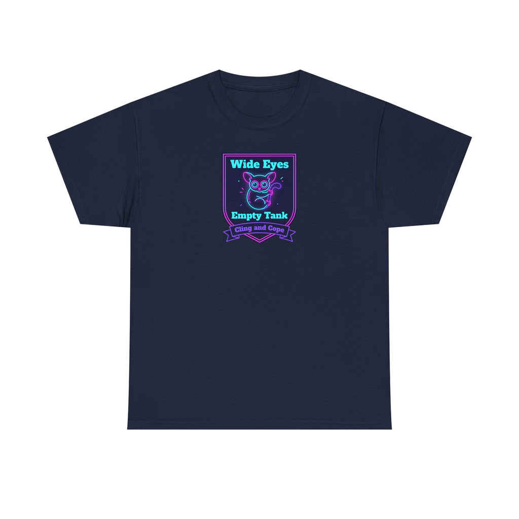 Wide Eyes Empty Tank T-shirt | Owl Illustration, Neon Purple & Teal Badge