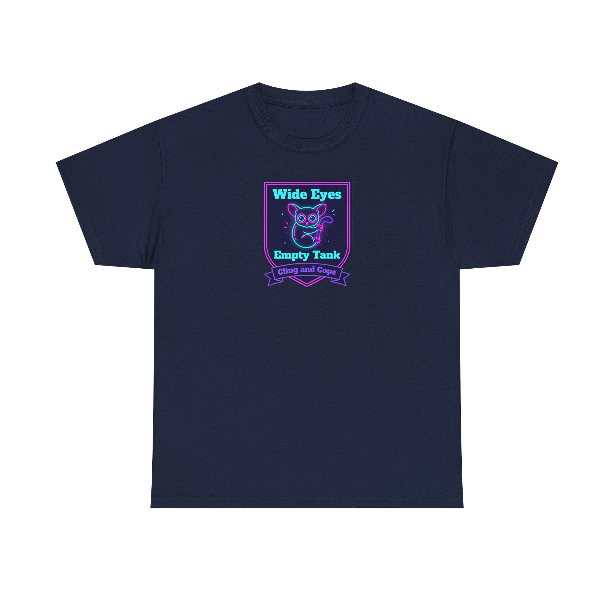 Wide Eyes Empty Tank T-shirt | Owl Illustration, Neon Purple & Teal Badge