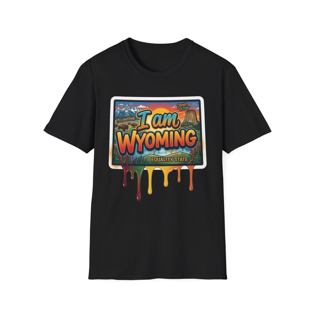 Black T-shirt with colorful "I am Wyoming" postcard-style graphic and dripping text