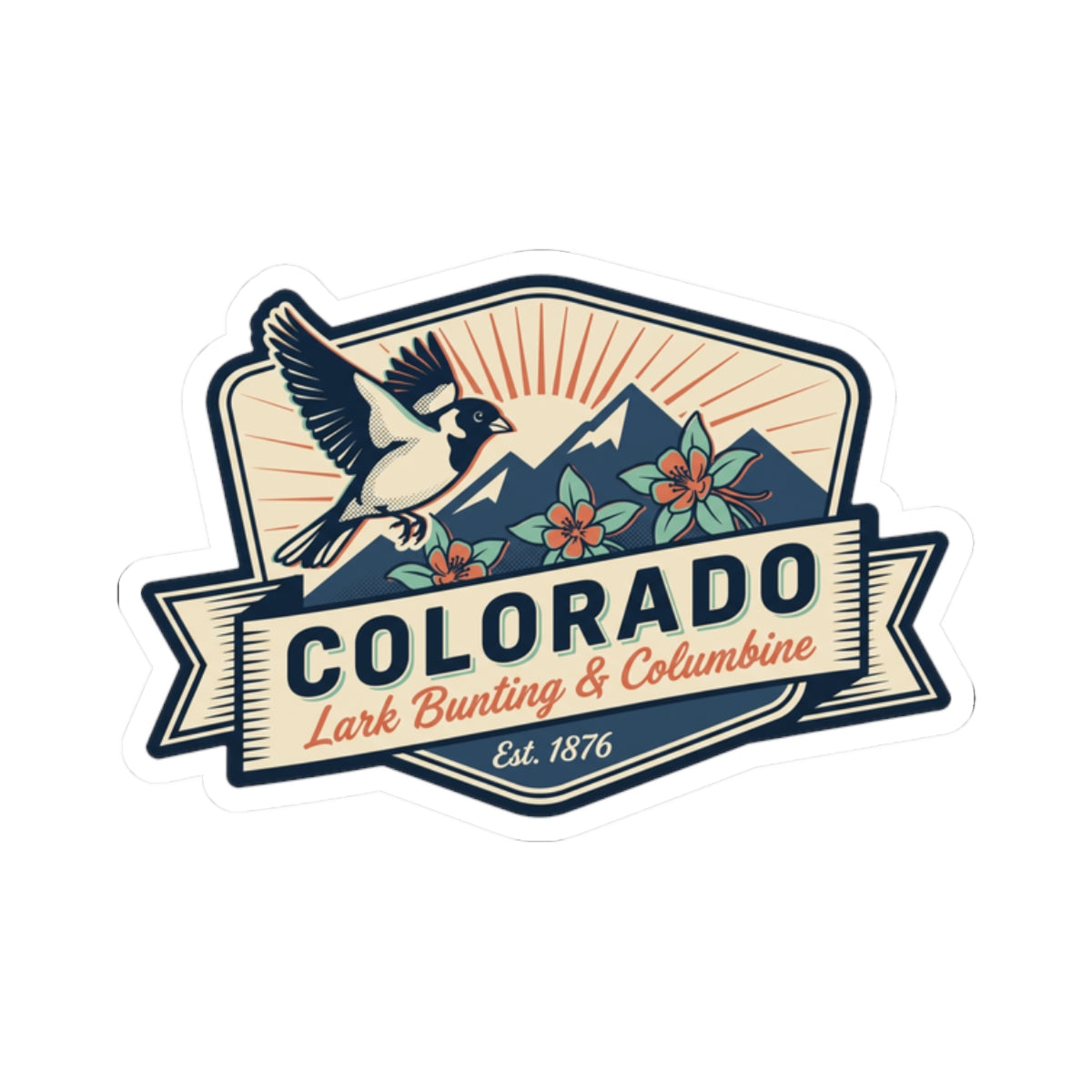 Colorado label sticker decal with bird, mountain range illustration, and floral panel design