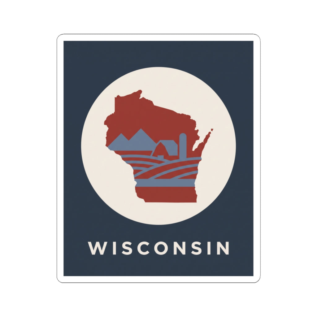 Wisconsin state sticker showing red map over blue horizontal stripe waves inside circle