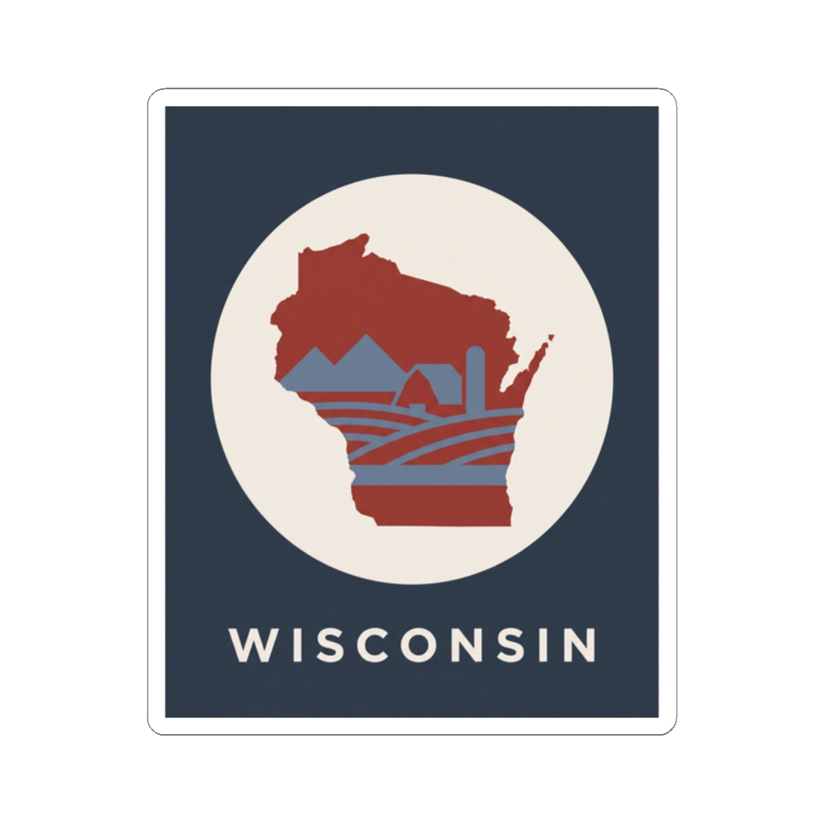 Wisconsin state sticker showing red map over blue horizontal stripe waves inside circle