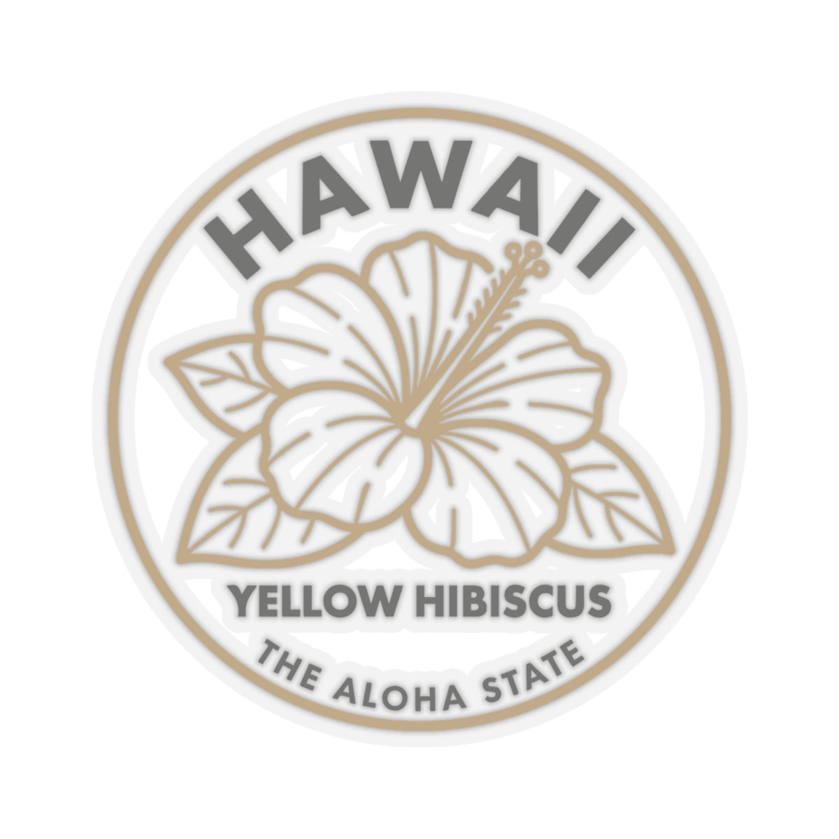 Round sticker with hibiscus illustration and 'YELLOW HIBISCUS' lettering in gray