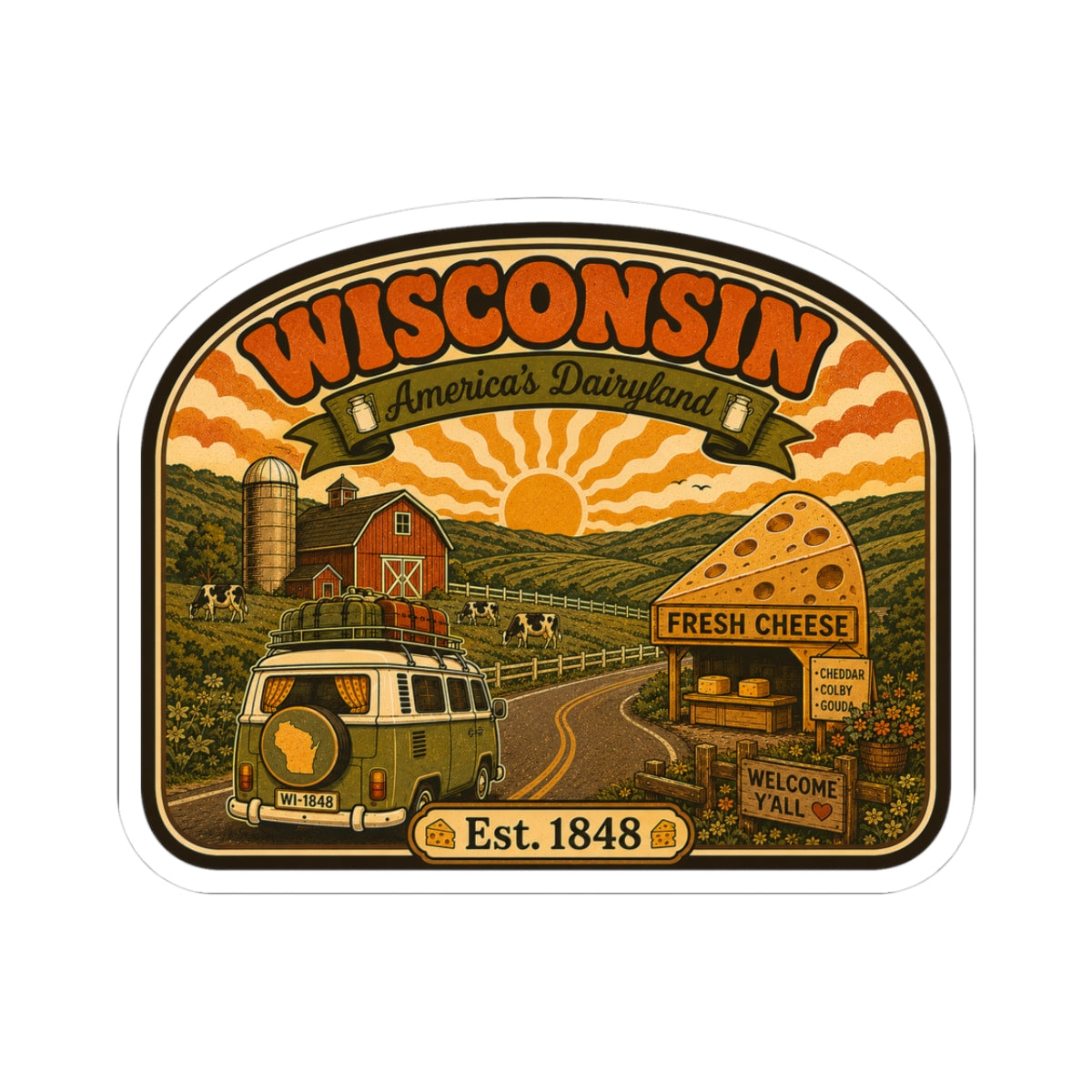 Kiss-cut Wisconsin dairyland vintage road trip sticker, farm house and cheese with Est. 1848