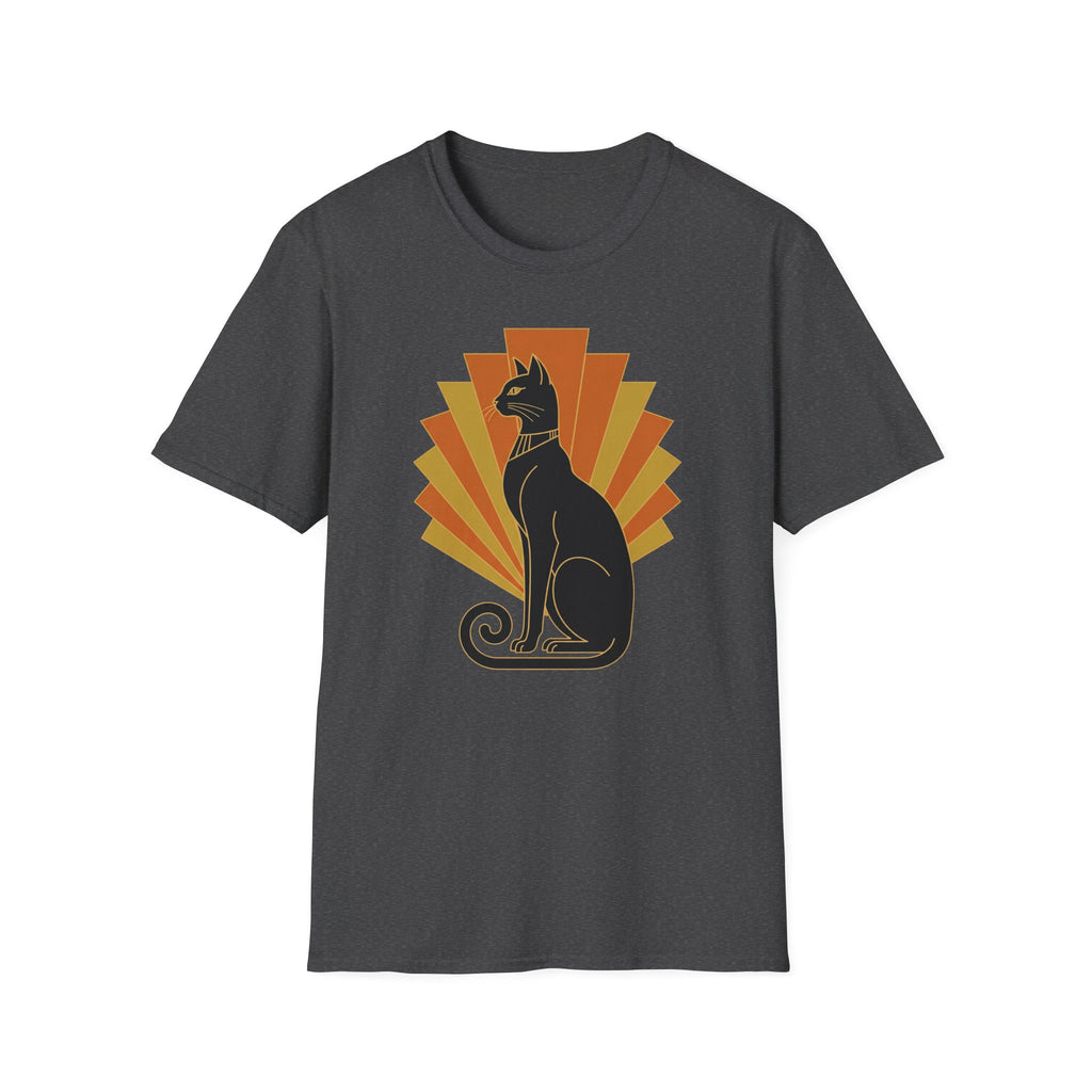 Dark gray T-shirt with crew neck and short sleeves, black cat graphic in orange sunburst