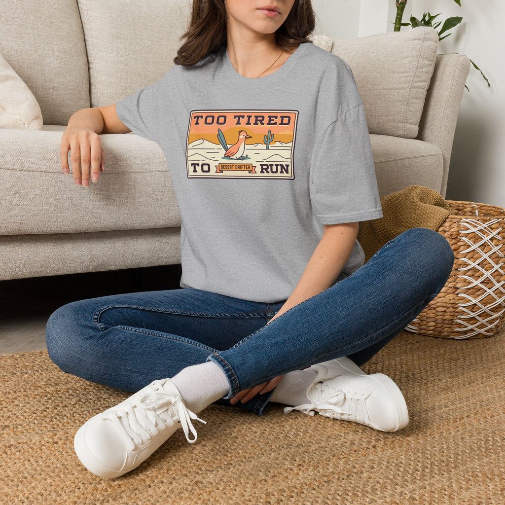 Funny Roadrunner T-Shirt | Too Tired Too Run Desert Drifter Retro Graphic Tee | Runner Gift