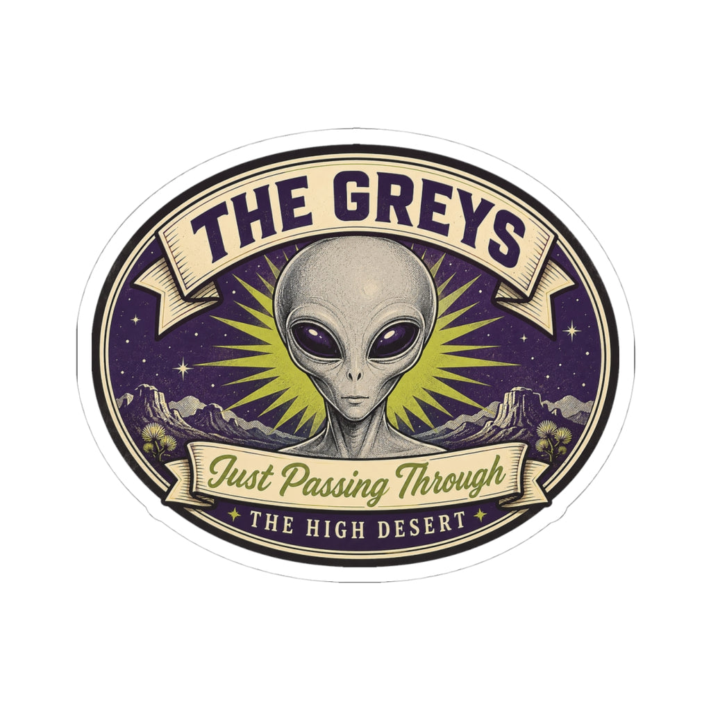 Circular space-themed alien head decal with purple night sky rays and banner text