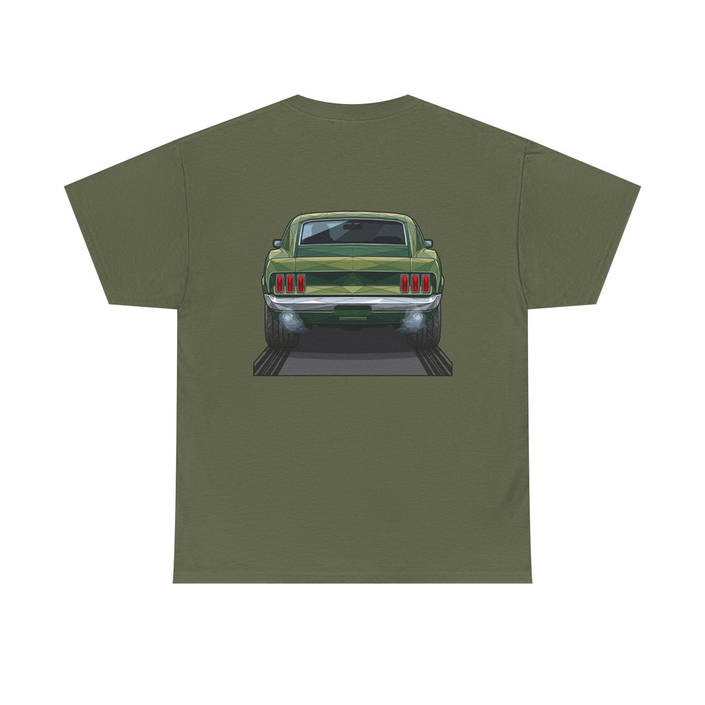 Green Classic Muscle Car T-Shirt | Vintage Mustang Front Back Illustration