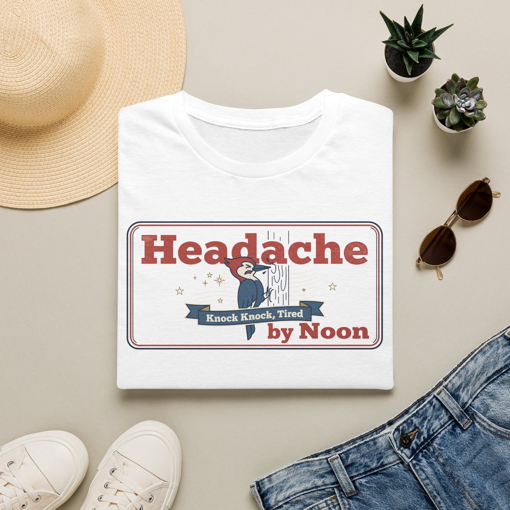 Funny Headache T-Shirt | Knock Knock Tired by Noon Retro Graphic Tee | Sarcastic Humor Gift