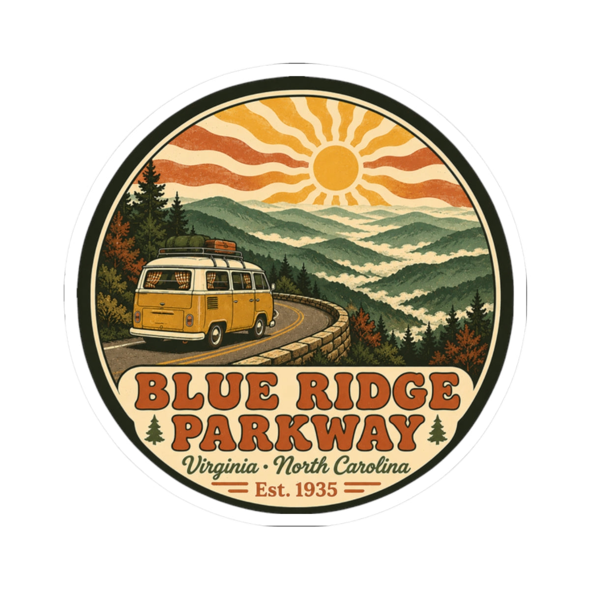 Circular decal with yellow camper van on curves, mountain landscape, sun rays, Blue Ridge Parkway