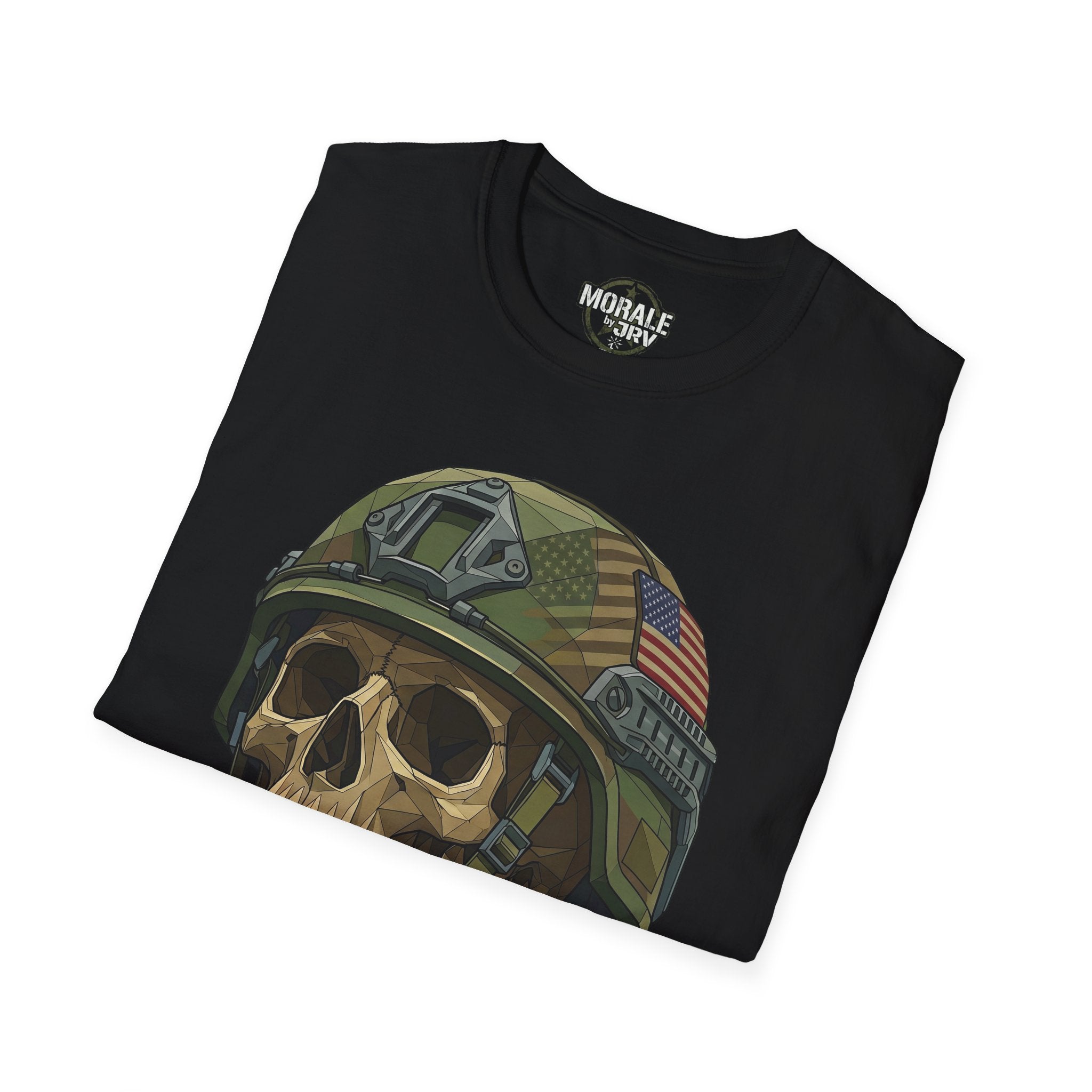 Black T-shirt with skull in military helmet graphic and US flag patch