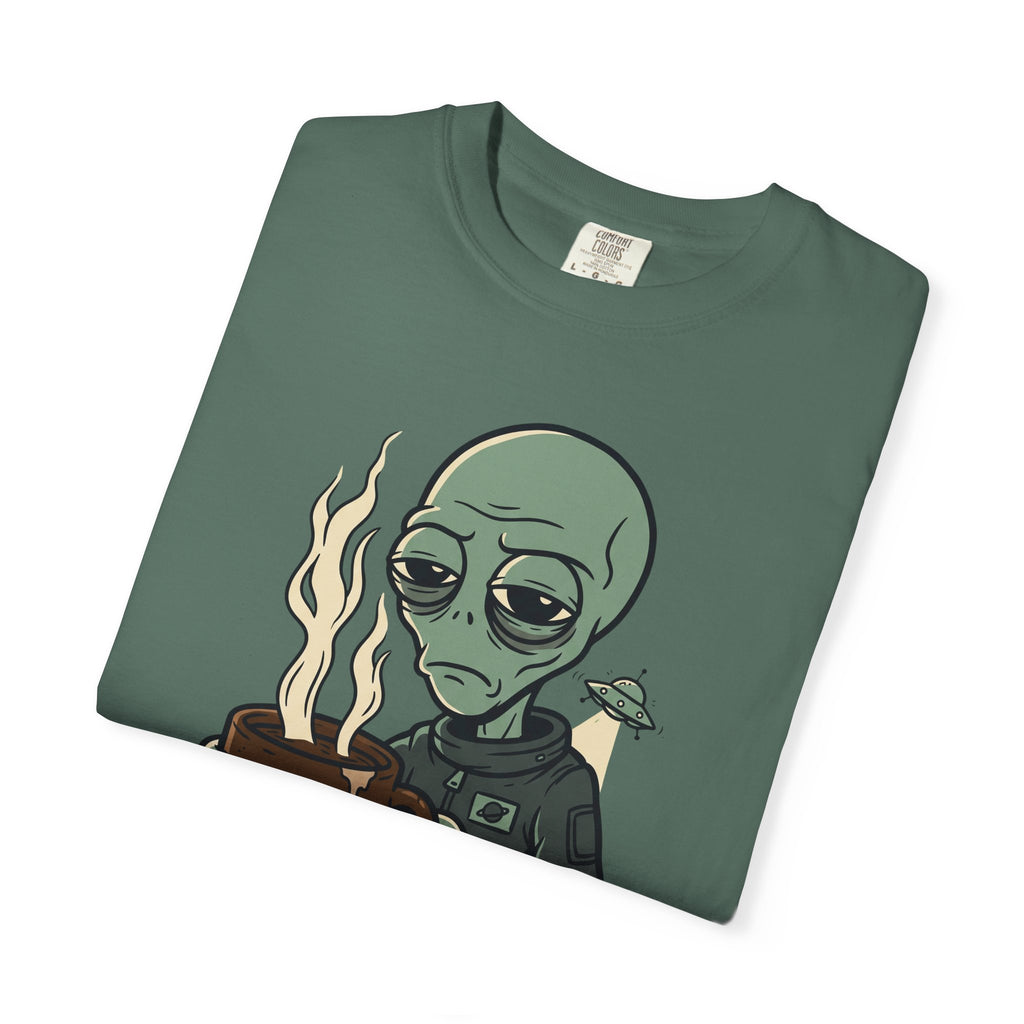 Green crew-neck T-shirt with alien holding coffee graphic