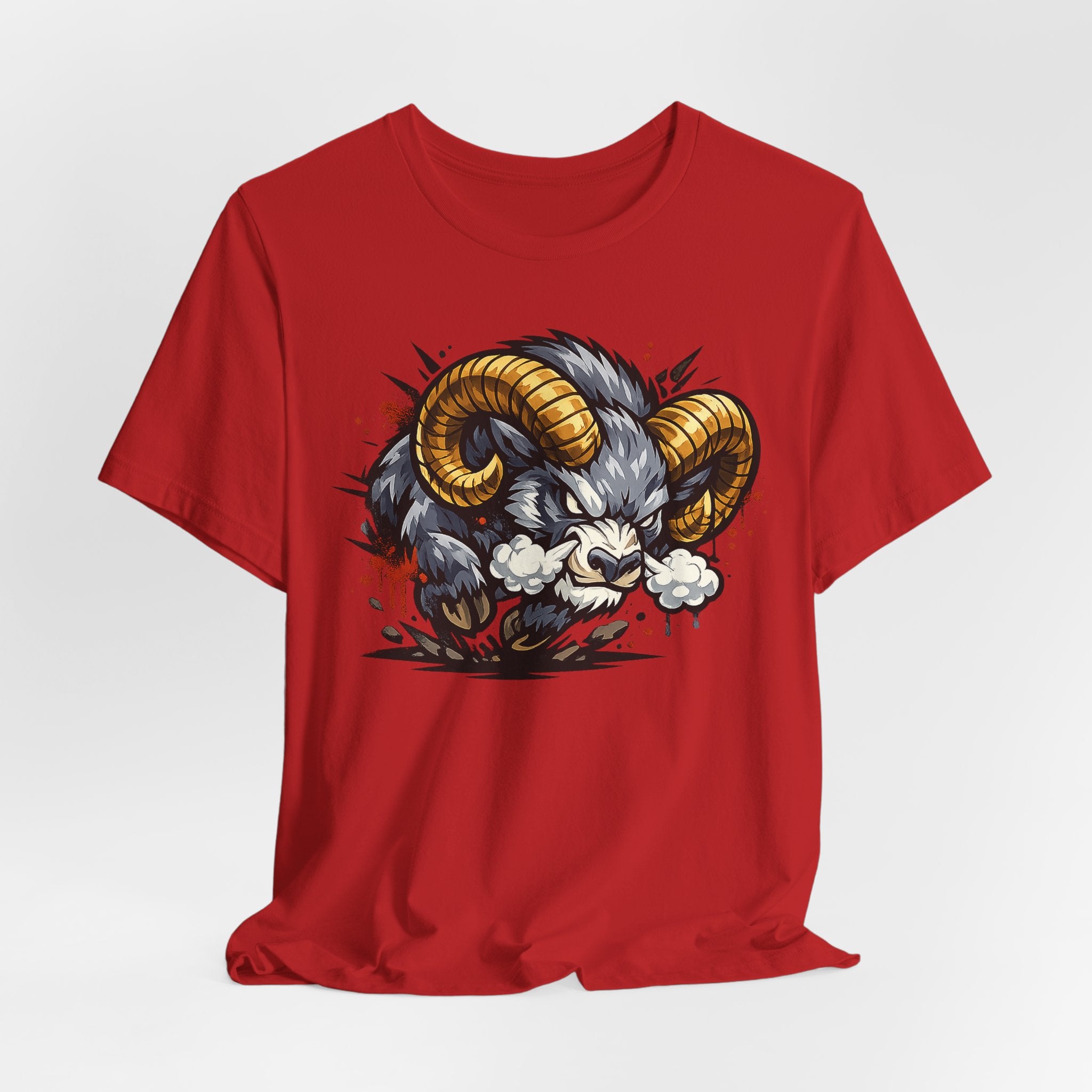 Charging Ram Illustration T-Shirt | Angry Horned Animal Graphic Tee, Wild Bighorn Art Unisex Gift