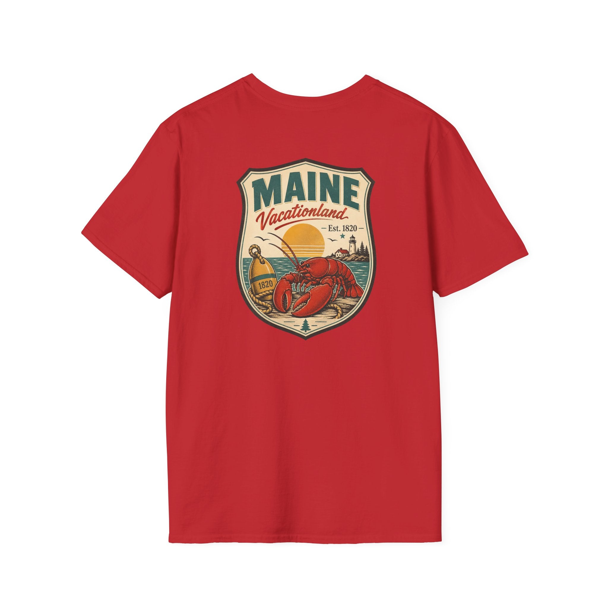 Red Maine graphic T-shirt with shield logo and lobster artwork on chest