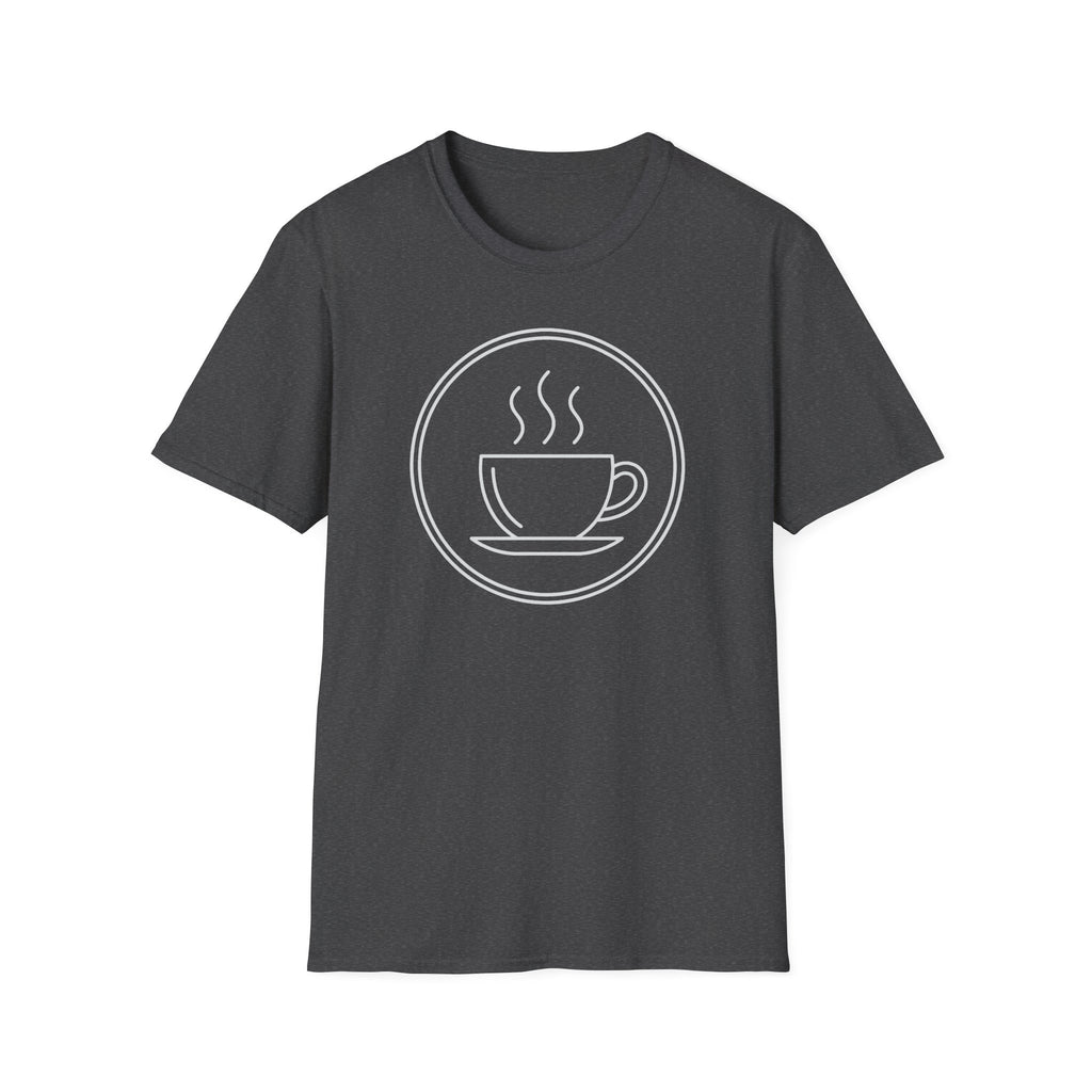 Dark gray unisex t-shirt with front coffee cup and steam graphic inside a circle