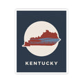 Kentucky travel decal on navy background: white circle with red state and bridge, KENTUCKY