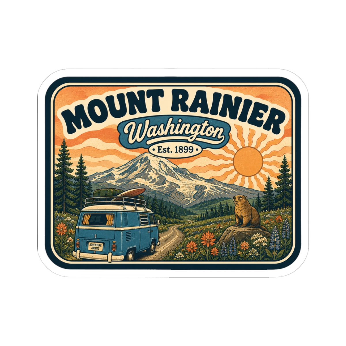 Rectangular kiss-cut Mount Rainier sticker with vintage camper van, mountains, bear, trees